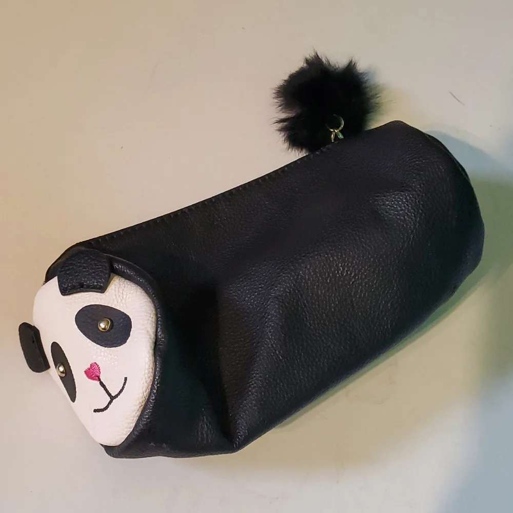 Betsey Johnson fux leatherpanda makeup case with pompom tail zipper